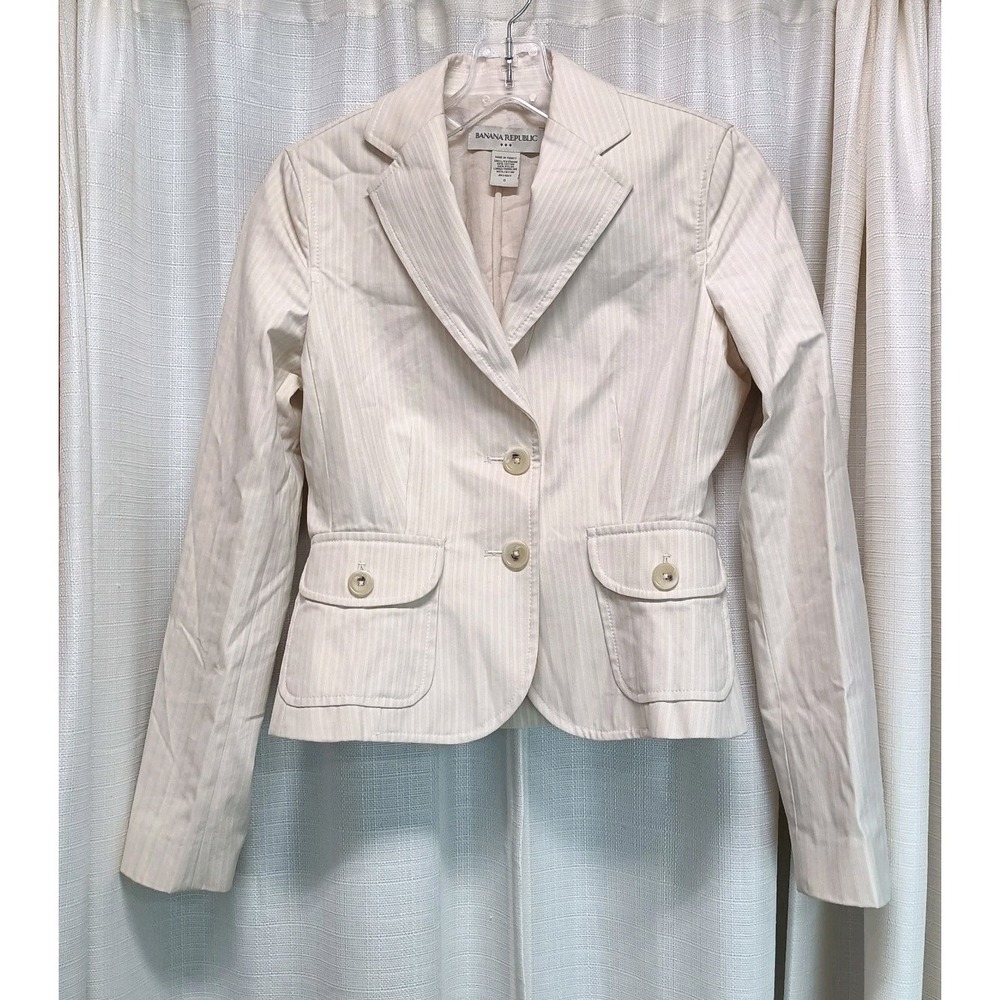 Banana Republic Women's Size 0 Beige White Pin Stripe Cotton Nylon Blazer